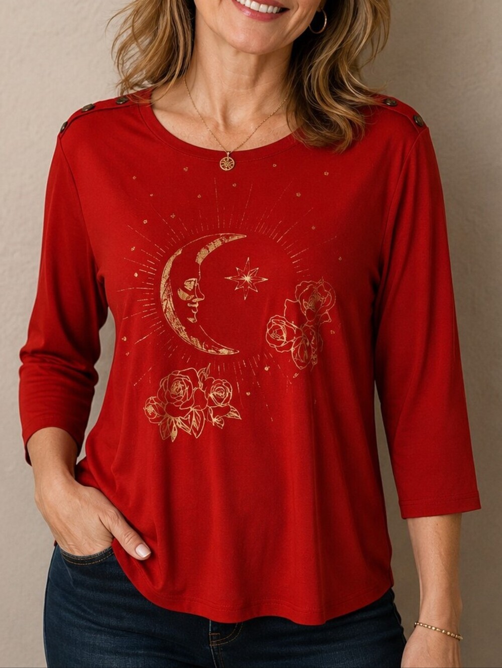 TRUSELF Tomato Red Gold Floral Celestial Moon Button Embellished Top